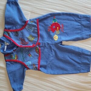 Vtg 90s Okie Dokie Football Applique Vested Denim Romper 6-9 Months